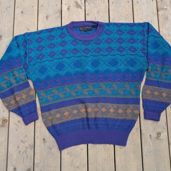 Vintage 90s Intermission Aztec Geometric Knit Sweater - Teal Purple Blue XL - Picture 1 of 8